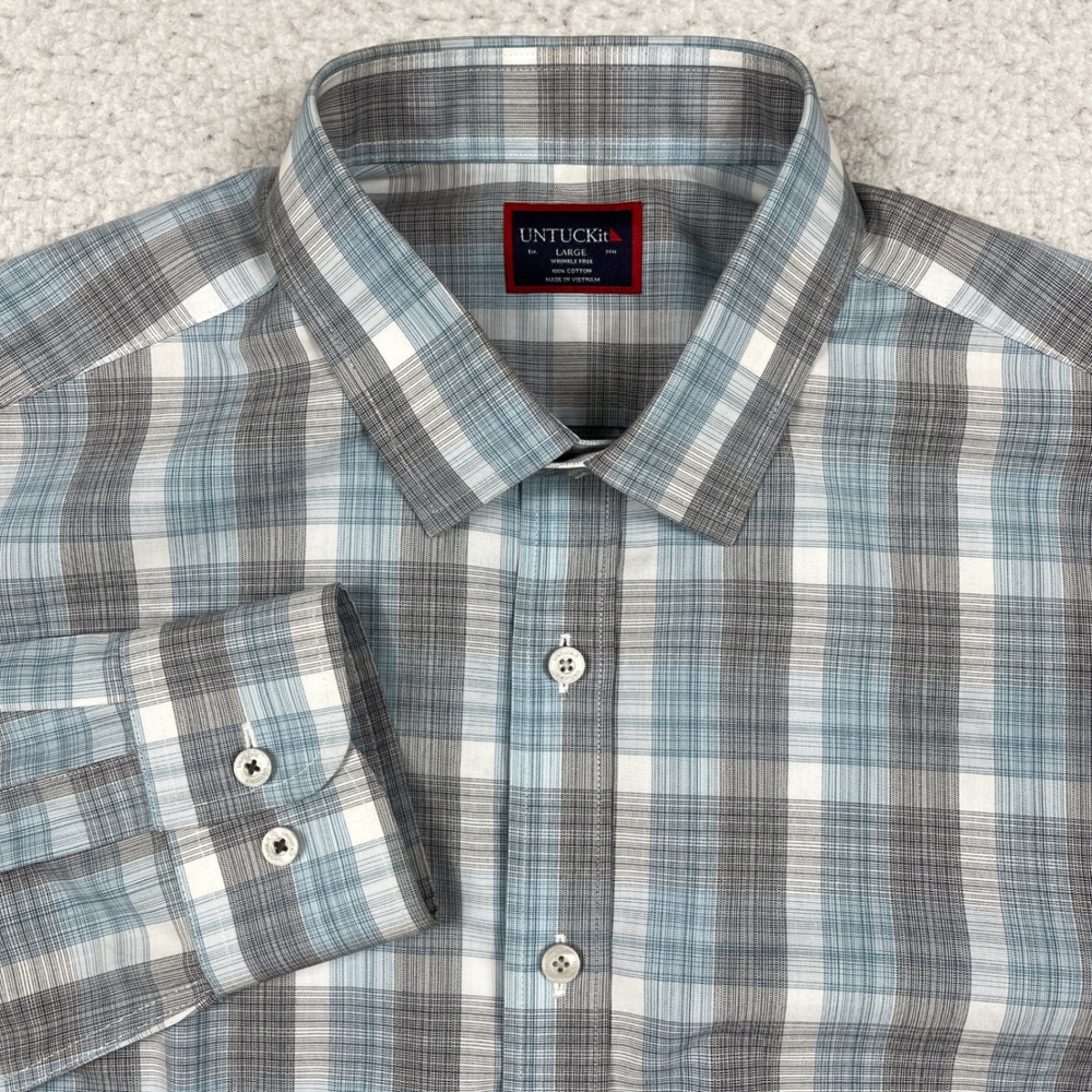 UNTUCKit Button Down Mens Large Blue Collins WF Wrinkle Free Plaid Casual Office